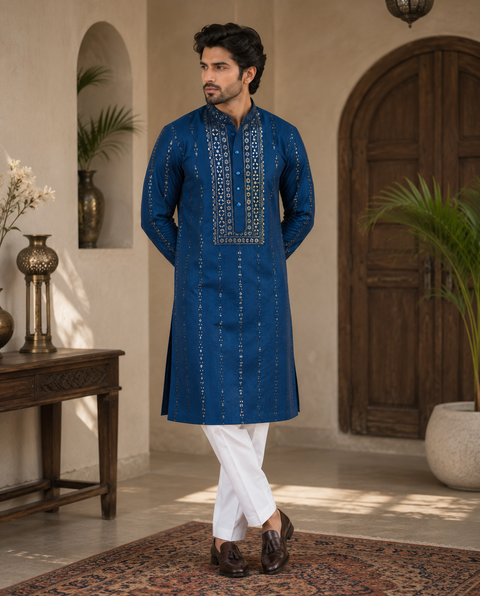 Soft Malmal Based Beautiful Embroidery Work With Sequins Work Designer Kurta With white Pajama (slight variation in color and design is possible)