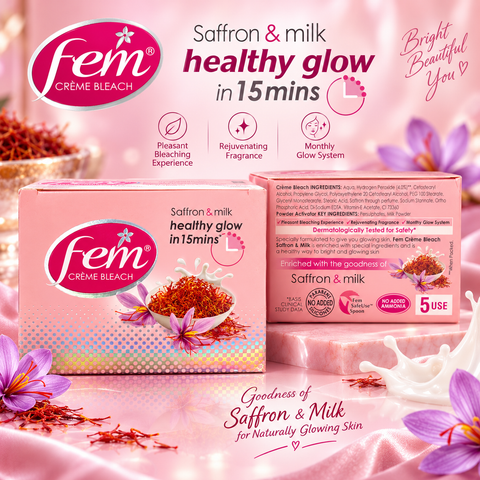 Fem Crème Bleach Saffron & Milk – a 5-use bleach kit enriched with saffron and milk to help brighten the look of skin and give a healthy glow in just 15 minutes. No added ammonia.