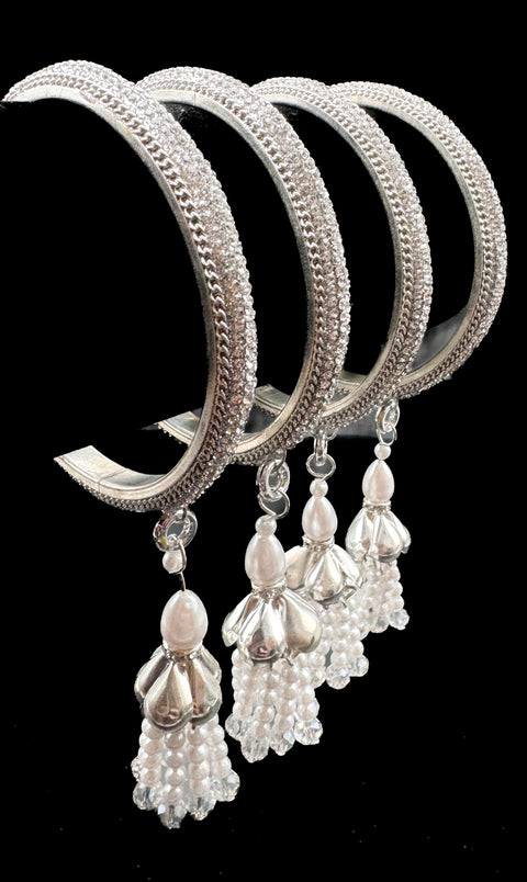 Beautiful Silver fine stone shiny Brass Bangles with Beautiful Latkan set (Sample picture attached at end to show it can be customised with plain Velvet or Metal Bangles)set of 4 Bangles