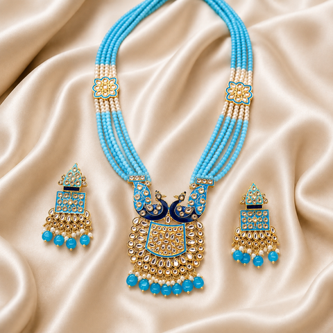 Lime green colour beads work with kundan stone meenakari work Peacock design beautiful rani haar necklace set (slight variation in color and design is possible )