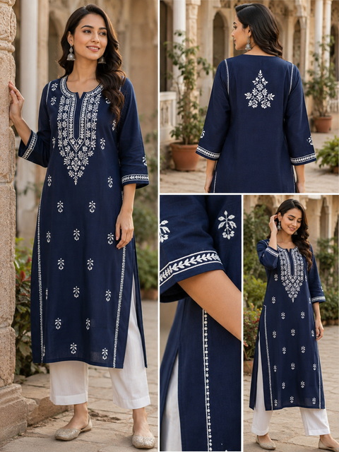 Very soft rayon-based kurti with elegant Lucknowi embroidery at front & back, giving it a graceful and timeless look. Pants are not included – this is kurti only. Slight variation in color and design is possible.
