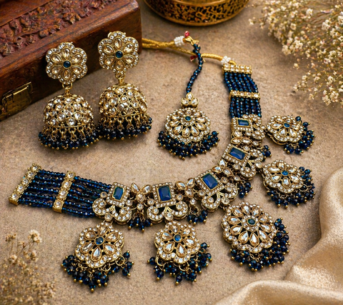 Original Polki stone with pearls beaded work beautiful necklace with jhumka and tikka set