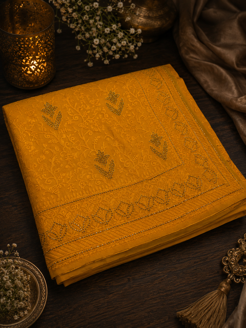 Beautiful Shimmery Georgette Saree featuring elegant embroidery and stone work throughout. Comes with an unstitched matching blouse piece. Model blouse is for reference purpose only. Slight colour and design variations may occur.