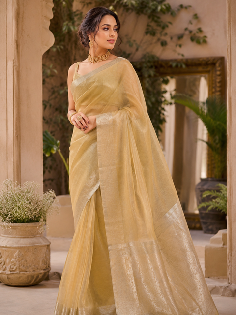Elegant Golden Tissue Saree featuring a lightweight sheer weave and subtle metallic sheen, Model-Worn Blouse Is For Reference Only. Unstitched Blouse Piece Is Attached With Saree(Slight Variation In Color & Design Is Possible)