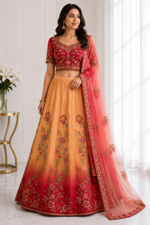 Radiate timeless elegance in this stunning ombré lehenga, beautifully adorned with intricate floral embroidery and rich handcrafted detailing. Paired with a heavily embroidered blouse