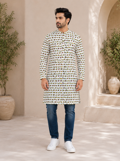 Pure cotton based Men’s Printed kurti (sizes mentioned in inches ,not according to the label on Kurti)size 44kurti- Length 40 inches and size 46-length 42 inches ) Kurti only. Pants not included.