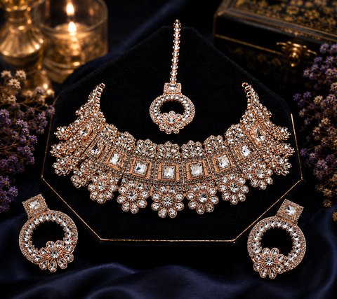 Rosegold & Silver Jerkan Stone Beautiful Necklace Set (slight variation in color and design is possible)