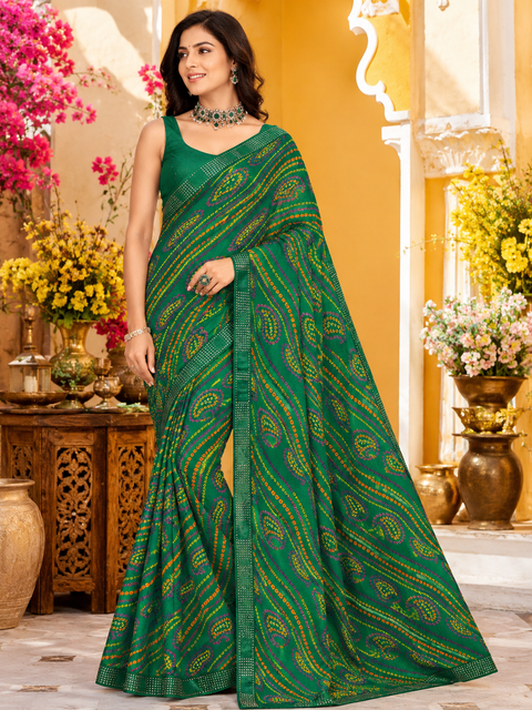 Soft georgette based bandhani print sarees with stones work border. Blouse Worn By The Model Is For Reference Purposes Only. The Blouse Piece Is Attached Separately With The Saree. Slight Variation In Color And Design May occur