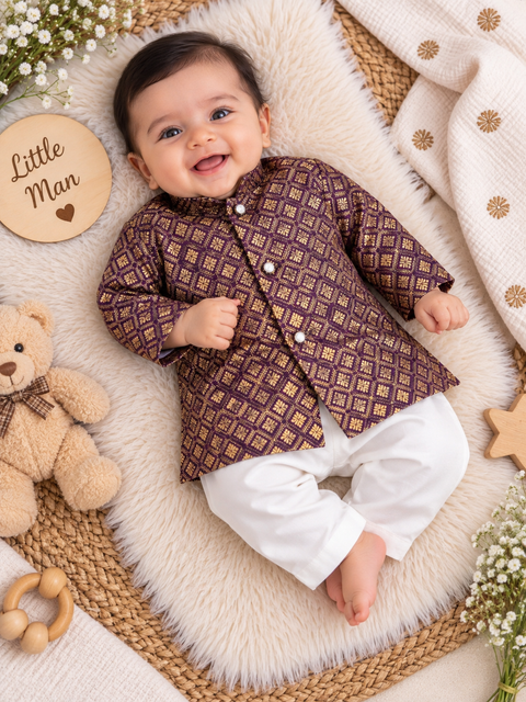 Adorable Brocade Silk Newborn Kurta Pajama Set with soft inner lining, easy front-open kurta and matching elasticated pajama for comfortable wear.Kurta L 35 cm,Chest 25 cm,Sleeve 24 cm,Pajama L 33 cm. Slight variation in colour & design may occur