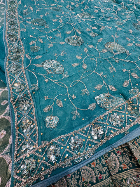 Mint color tissue silk based brocade zari work embroidery with handwork kameez with plain silk bottom fabric (2.75 mtrs) and chiffon silk heavy zari work dupatta