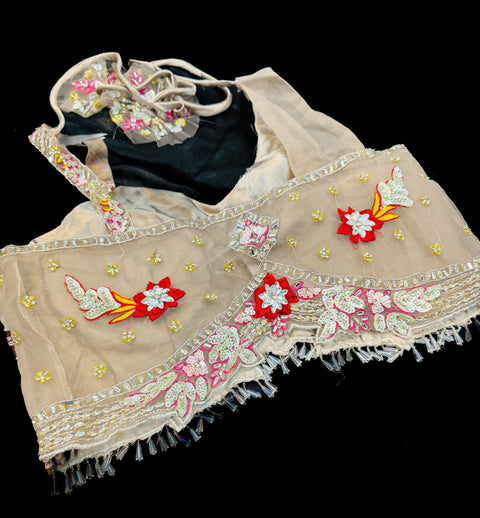 Stylish hand work heavy design crop top blouse with heavy work multiflared lehnga and netting dupatta