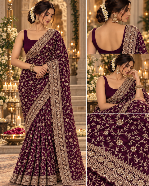 Fendi silk saree with all-over embroidery and stone work, finished with a richly detailed heavy pallu. Includes an attached embroidered blouse piece; model blouse is for reference only. Slight variation in colour/design possible.