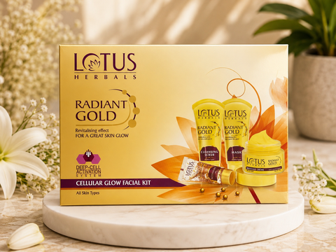Lotus Herbals Radiant Gold Cellular Glow 5 in 1 Facial Kit | With 24K Gold leaves | For Natural Golden Glow Skin | For Women & Men | All Skin Types |170g (Salon Pack)