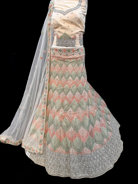 (Video clip attached)Pastel colour velvet based beautiful embroidery work & stones work very heav layered ken ken Designer party wear Lehnga with embroidery work on blouse & snd heavy work lace beaded dupatta