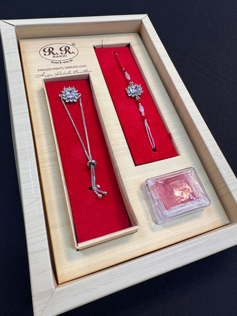 AD stone Work Bhai Bhabhi Rakhi in nice pack gift box with Mishri, Sindoor, Rice, Chandan