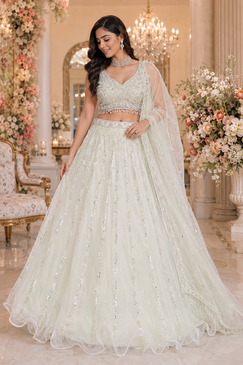 (Video clip attached)Heavy hand work designer stylish Blouse with very very heavy flared netting based  princess style lehnga and dupatta(slight variation in color and design is possible )