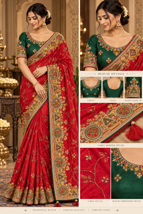 Shimmery Jimmy Choo Fabric Saree with a soft, flowy drape, all-over embroidery and stonework with a rich statement border. Comes with a contrast blouse piece attached; model blouse is for reference only. Slight variation in colour & design may occur