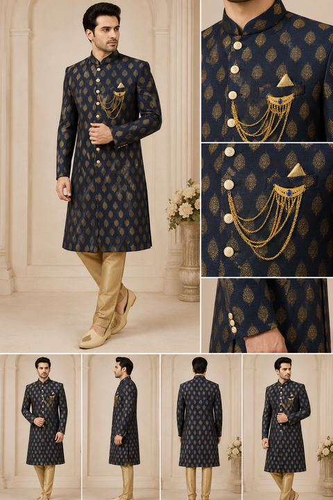Royal navy blue jacquard sherwani featuring elegant gold woven motifs and premium detailing—perfect for weddings, receptions, and grand celebrations.slight variation in color and design may occur