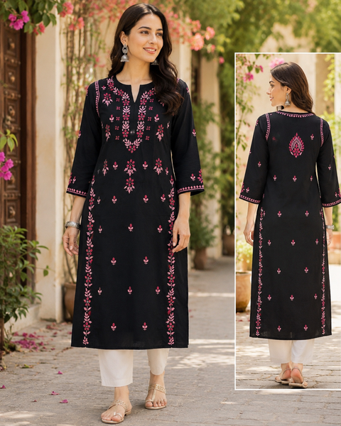 Very soft rayon-based kurti with elegant Lucknowi embroidery at front and back , giving it a graceful and timeless look. Pants are not included – this is kurti only. Slight variation in color and design is possible.