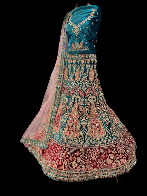 Peacock and Deer design Velvet based hand work with stones work embroidery work and original mirrors work design Heavy Ken ken Bridal designer lehnga with heavy handwork blouse and heavy work netting dupatta( video clip attached for reference )