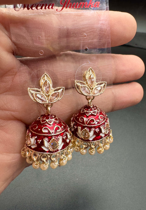 Polki Stone With Pearls Work Beautiful Meenakari Jhumka