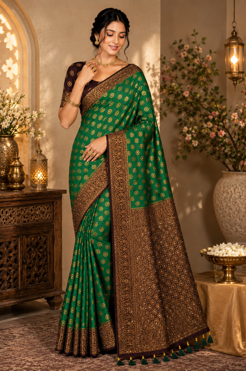 Premium Art Silk Saree featuring elegant zari weaving & stone work throughout; saree comes with an attached blouse piece. Model blouse is for reference only. Slight variation in colour and design may occur