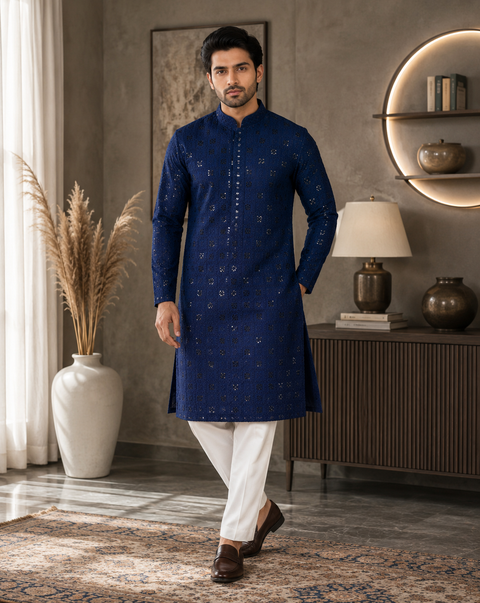 Pure Rayon Based Beautiful Embroidery Work At Front And Back With Sequins Work Designer Kurta & cream Pajama. (slight variation in color & design is possible)