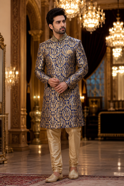 Dark blue brocade sherwani with intricate gold woven detailing, crafted for a majestic and luxurious wedding celebration look. Slight variation in color and design may occur.