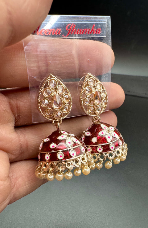 Polki Stone With Pearls Work Beautiful Meenakari Jhumka