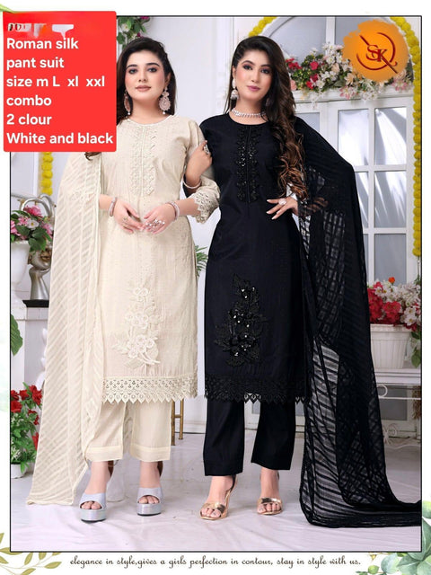 Soft Silk based embroidery work designer kameez with plazo pants and plain chinnon dupatta