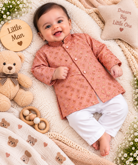Soft Rayon chikankri sequin based Newborn Kurta Pajama Set with soft inner lining, easy front-open kurta & matching elasticated pajama for comfortable wear.Kurta L 35 cm,Chest 25 cm,Sleeve24 cm,Pajama L 33 cm.Slight variation in colour & design may occur