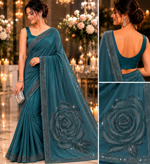 Beautiful swarovski Stones work Roses design beautiful Georgette Silk Saree. The Blouse Worn By The Model Is For Reference Purposes Only. The Blouse Piece Is Attached Separately With The Saree. Slight Variation In Color And Design May Occur.