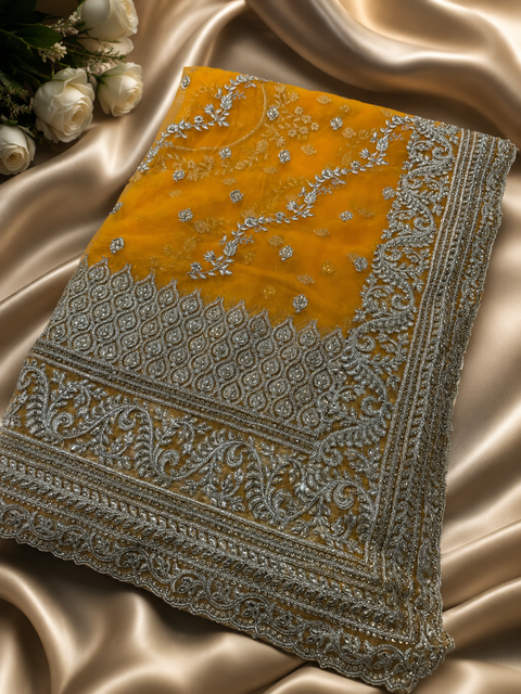 Mustard Heavy work designer Saree with netting base fabric and stones work design all over with heavy embroidery.The Blouse Worn By The Model Is For Reference Purposes Only. The Actual Blouse Piece Comes Attached With Saree(Slight Variations Are Possible)