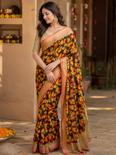 Pure Georgette based floral print soft saree with beautiful border The Blouse Worn By The Model Is For Reference Purposes Only. The Blouse Piece Is Attached Separately With The Saree. Slight Variation In Color And Design May Occur.