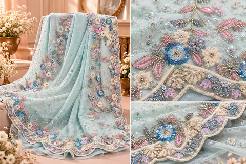 Elegant net saree intricate floral embroidery, shimmering sequins, beads and a beautifully detailed border.Comes with an attached embroidered blouse piece.Blouse worn by the model is for reference only. Slight variation in colour & design may occur