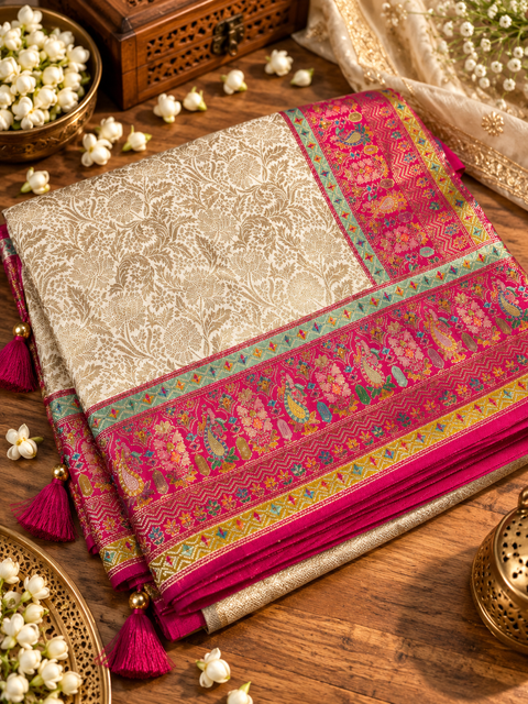 Pure Soft Silk Kalamkari-Inspired Saree with beautiful traditional motifs and a richly detailed pallu. Blouse shown on model is for reference only; actual blouse piece is attached with the saree. Slight variation in colour and design is possible.
