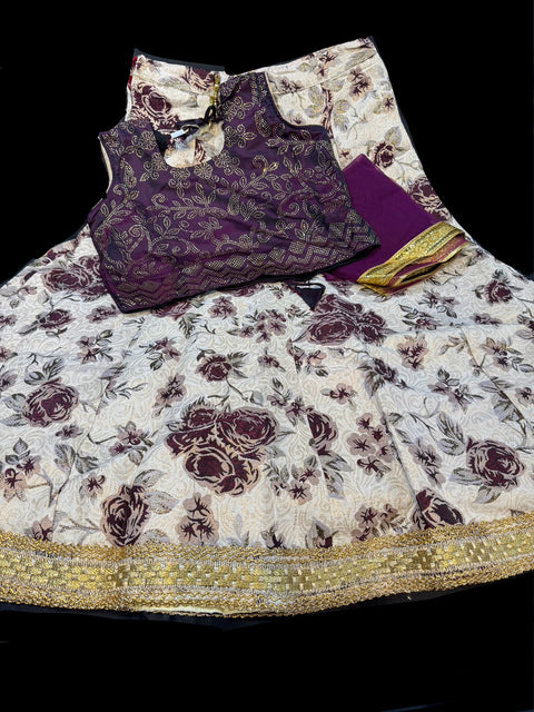 Deep wine colour stone work blouse with floral print raw silk based lehnga