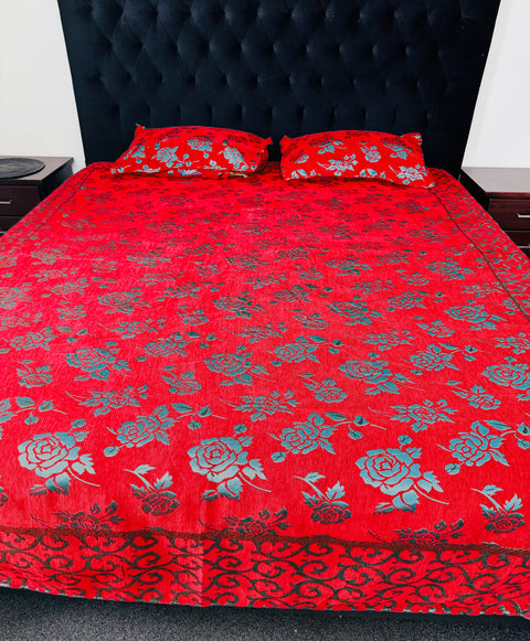 Roses Print Velvet golden zari Work Bed Sheet (275cm x 265cm)king size King Size Bedsheet With Double Pillow Cover