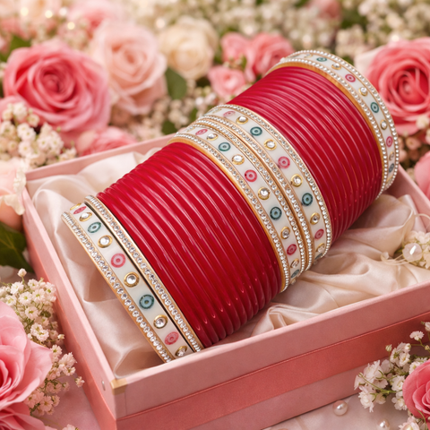 Red color Small size chooda set for both hands with elegant red bangles and stone detailing, perfect for bridal and festive wear
