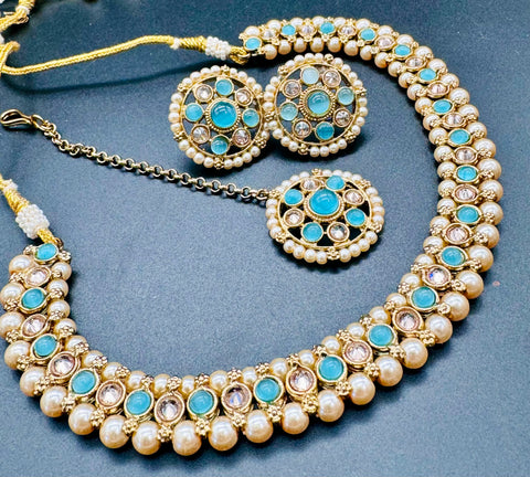 Kundan And Pearls Work Beautiful Necklace Set With Jhumka & Tikka
