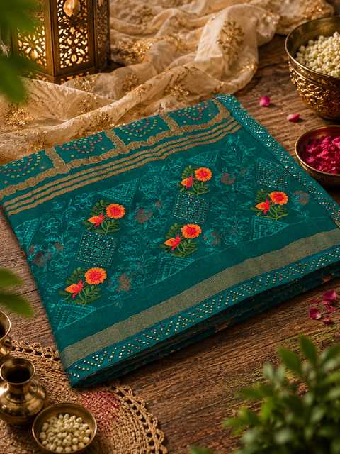Beautiful Bandhani print work with Stones and embroidery design beautiful soft Georgette Saree Blouse Worn By The Model Is For Reference Purposes Only. The Blouse Piece Is Attached Separately With The Saree. Slight Variation In Color And Design May occur