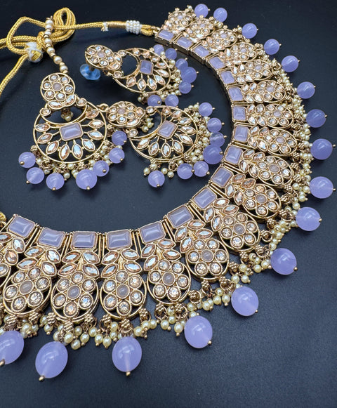 Original Polki stone with pearls beaded work beautiful necklace with jhumka and tikka set