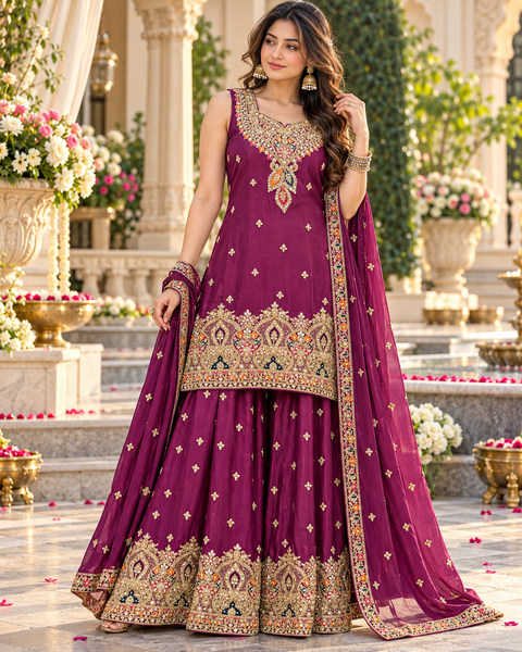 Beautiful georgette fabric outfit with full embroidery and mirror work all over the kameez. Paired with a loose circular palazzo and a matching dupatta with just a border. 
Slight variation in colour and design is possible