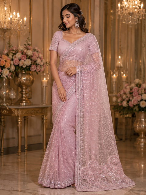 Heavy work designer Saree with netting base fabric and stones work design all over with heavy embroidery .The Blouse Worn By The Model Is For Reference Purposes Only. The Actual Blouse Piece Comes Attached With Saree(Slight Variations Are Possible)