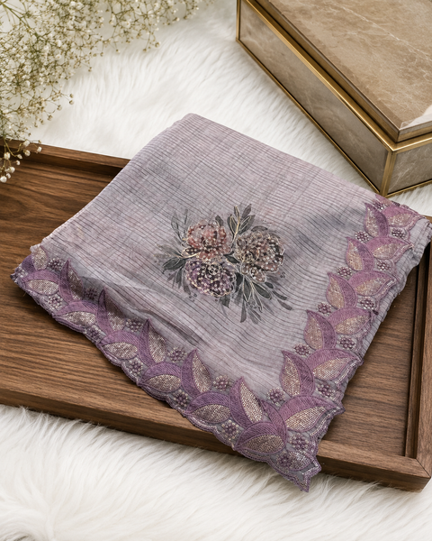 Very soft floral and embroidery & Stone Work Saree And pink mauve contrast Blouse(blouse worn by the model is for reference purposes only. The blouse piece is attached separately with the saree. Slight variation in colou and design is possible)