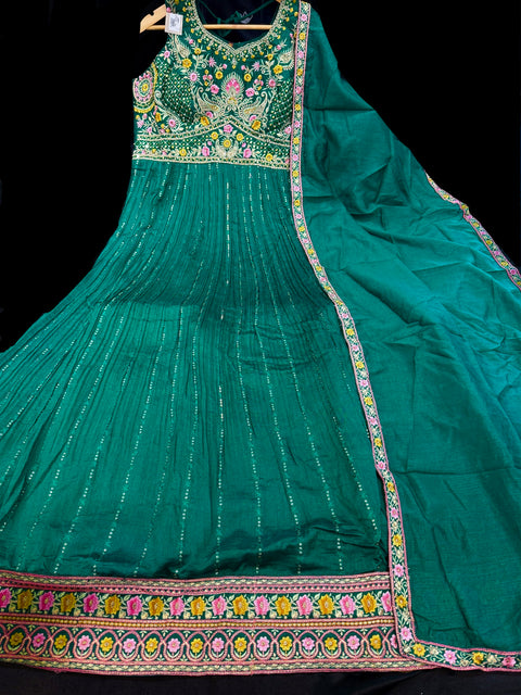 Georgette chinnon Based  embroidery with hand work neck design and embroidery work all over at front and back Designer Flared Kameez /Gown And netting Based Embroidery Work Dupatta