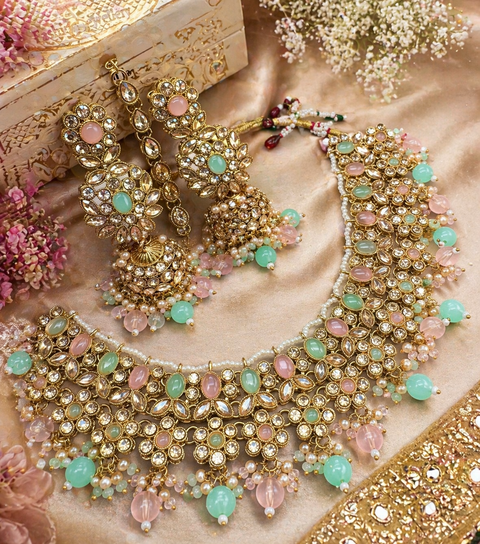 Polki stone with pearls beaded work beautiful necklace with jhumka and tikka set