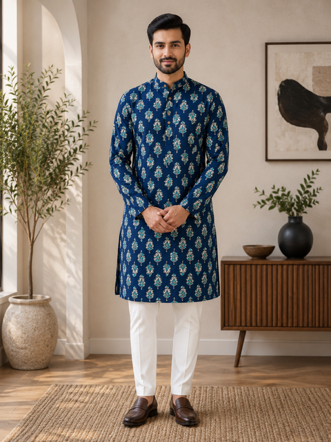 Pure cotton based Men’s Printed kurti (sizes mentioned in inches ,not according to the label on Kurti)size 44 kurti- Length 40 inches and size 46-length 42 inches ) Kurti only. Pants not included.