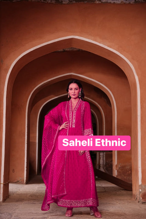 Pure & Soft Rayon Based Designer Embroidered & Mirror Work Chikankari Kurti With Plazo Pants & Dupatta(Video Clip Attached)