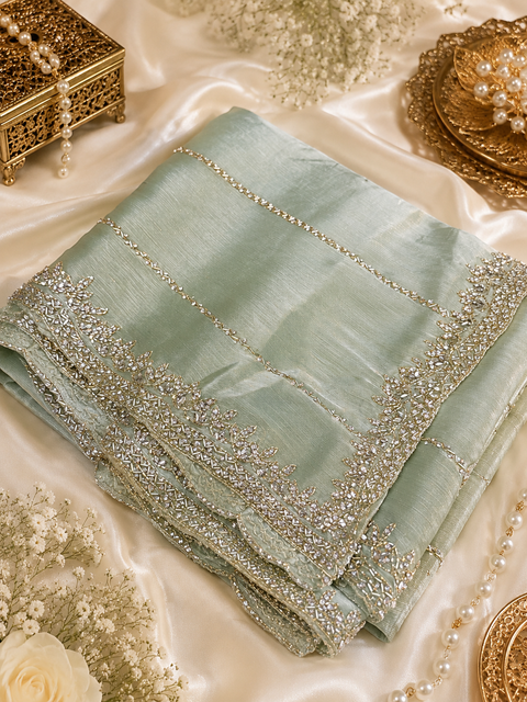 Elegant Jimmy Choo Saree featuring intricate handwork detailing and a beautifully embellished border. Comes with an attached matching blouse piece, blouse worn by the model is for reference purposes only(slight variation in color and design is possible)
